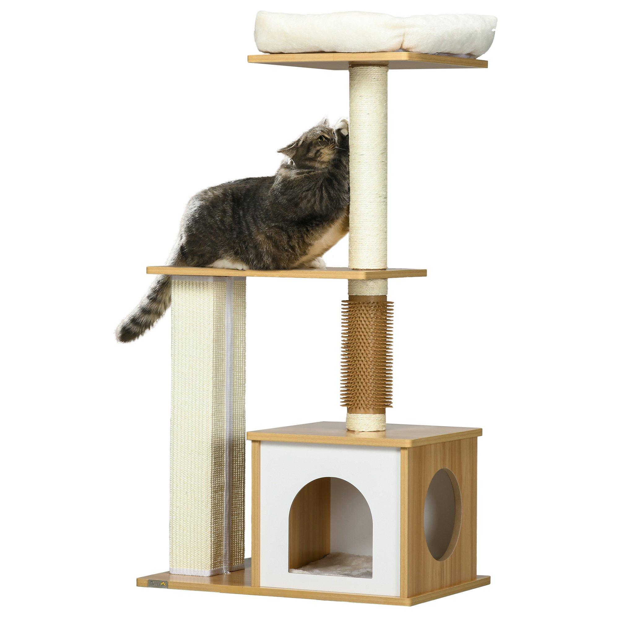 114cm Cat Tree with Scratching Posts, Cat House, Cat Bed, Perches - Oak Tone
